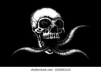 Human skull with three tongues, horror vector illustration. Black and white illustration on the theme of piracy, Halloween or monsters