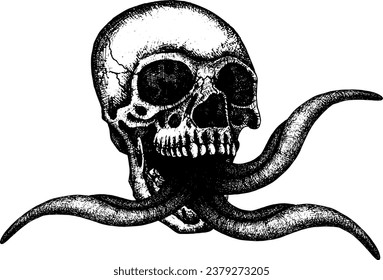 Human skull with three tongues, horror vector illustration. Black and white illustration on the theme of piracy, Halloween or monsters. Nightmare illustration. Drawing for tattoo