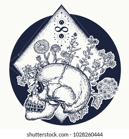 Human skull through which flowers, symbol of life and death, sign of infinity and immortality. human soul. Psychology, philosophy, poetry t-shirt design 