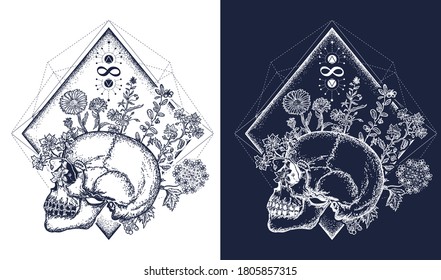 Human skull through which flowers, tattoo art, symbol of life and death, sign of infinity and immortality. Concept of human soul. Psychology and poetry t-shirt design. Black and white vector graphics 