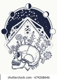 Human skull through which flowers, tattoo art. Psychology, philosophy, poetry t-shirt design. Symbol of life and death, sign of infinity and immortality. Art concept of human soul 