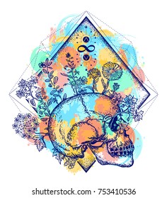 Human skull through which flowers, color tattoo art, life and death, sign of infinity and immortality. Psychology, philosophy, poetry symbols water color splashes 