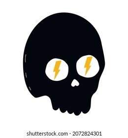 Human skull with thunderbold. Illustration for poster, banner, card. Human head anatomy. Hand drawn bones. Illustration for medicine, tatoo, halloween decoration. Skeleton vector.