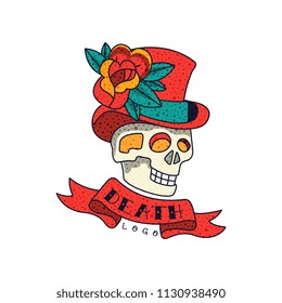 Human skull in top hat with flowers, ribbon and word Death, classic American old school tattoo logo design vector Illustration on a white background