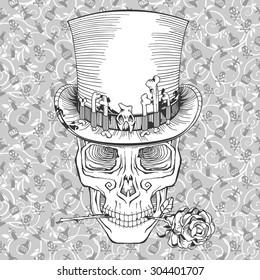 human skull in a top hat with a rose