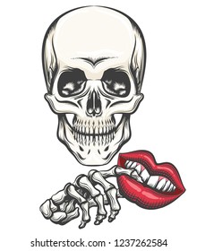 Human skull and Toy Lips in skeleton hand drawn in tattoo stytle. Vector illustration.