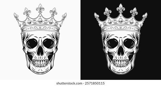 Human skull with traditional crown with gemstones , fleur de lis sign on points. Detailed gothic black and white illustration. Vintage style. Front view.