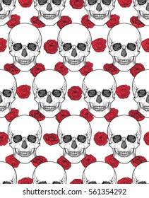Human skull tribal style seamless pattern. Vector hand drawn illustration. Boho design