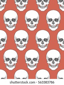 Human skull tribal style seamless pattern. Vector hand drawn illustration. Boho design