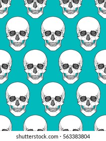 Human skull tribal style seamless pattern. Vector hand drawn illustration. Boho design