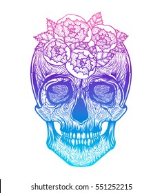 Human skull tribal style.Tattoo blackwork. Vector hand drawn illustration. Boho design
