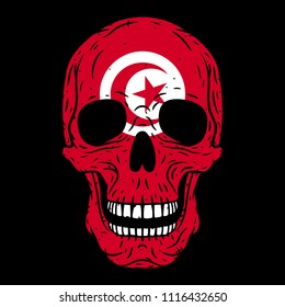 Human skull with Tunisia flag isolated on black background