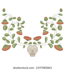 Human skull with two blooming branches sprouting from it. Creative design. Life and death.