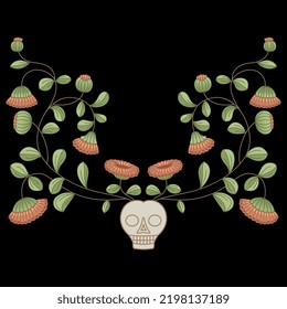 Human skull with two blooming branches sprouting from it. Creative design. Life and death. On black background.