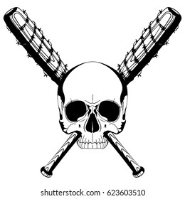 A human skull and two crossed baseball bats covered with barbed wire, isolated on white, vector illustration