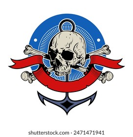 Human skull, two crossed bones and anchor vector illustration. Isolated on white background.