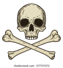 Human skull with two crossed bones isolated on white background. Vector illustration in hand drawn style 