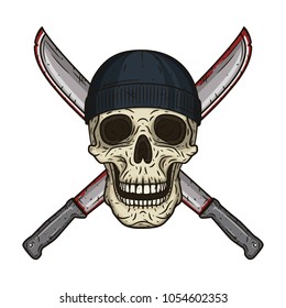  Human skull with two crossed machetes  and black hat