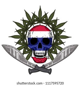 Human skull with two crossed machetes, marijuana leaf and Thai flag in hand drawn style. Rastaman skull with cannabis leafs