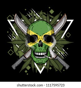 Human skull with two crossed machetes, marijuana leaf and Jamaican flag in hand drawn style. Rastaman skull with cannabis leafs