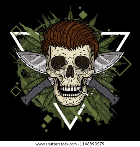 Human skull with two crossed machetes and  marijuana leaves