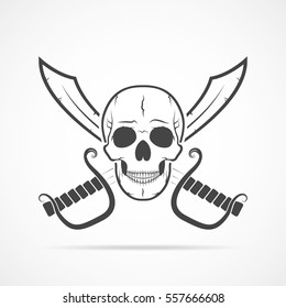 Human skull and two swords isolated on light background. Vector illustration