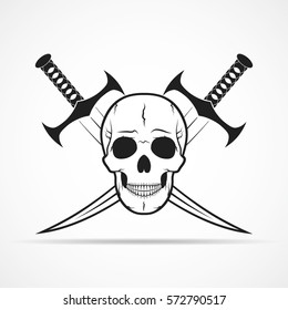 Human skull and two swords isolated on light background. Vector illustration