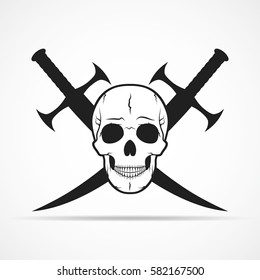 Human skull and two swords isolated on light background. Vector illustration
