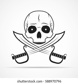 Human skull and two swords isolated on light background. Vector illustration