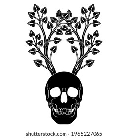 Human skull with two tree branches as its horns. Black and white silhouette. Creative concept.
