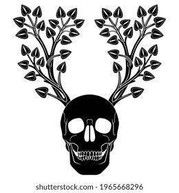 Human skull with two tree branches as its horns. Black and white silhouette. Creative concept.