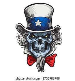 Calavera humana con sombrero Tío Sam. Ilustración de arte de Estados Unidos aislada en segundo plano
