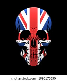 Human skull with United Kingdom flag isolated on black background. Vector Illustration.