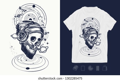 Human skull and universe. Music print for t-shirts and another, trendy apparel design 