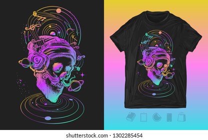 Human skull and universe. Neon music print for t-shirts and another 