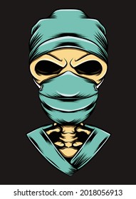 The human skull using the surgery costume and mask of illustration