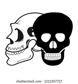 The human skull. Vector black and white illustration of human skull, isolated on white background. Halloween skull set, skeleton head, anatomy