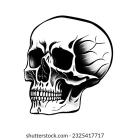 Human skull. Vector illustration in engraving style isolated on white background.