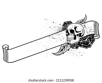 Human skull vector image. Skull with the banner and roses on background, black and white image.