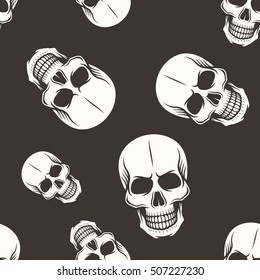 Human skull vector seamless pattern white on dark background for decorated clothes or other things