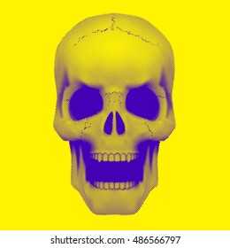Human skull in vintage duotone and halftone sketch style. Vector Illustration isolated on background.