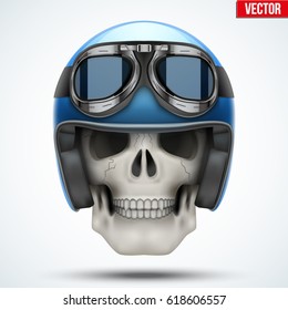 Human skull with Vintage motorcycle or chopper helmet and goggles. Vector Illustration on isolated white background