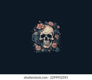 Human skull with watercolor flower t shirt illustration design