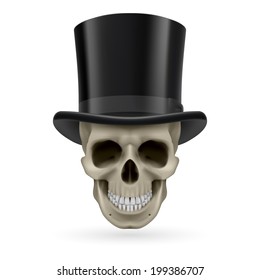 Human skull wearing a black top hat.