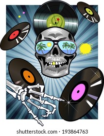 Human skull wearing colorful sunglasses at the beach 