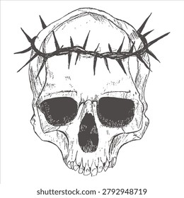 Human skull wearing a crown of thorns illustration with skeleton religious illustration engraving