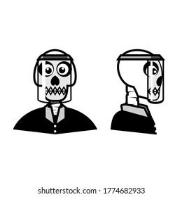 Human skull wearing face shield. Skull wearing a face shield during virus pandemic. Front view and side view. Illustration vector