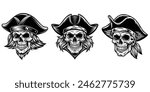 Human skull wearing hat set of black silhouette
