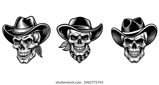 Human skull wearing hat set of black silhouette