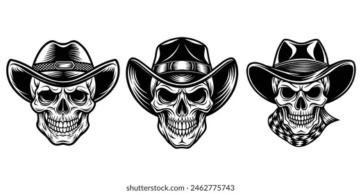 Human skull wearing hat set of black silhouette